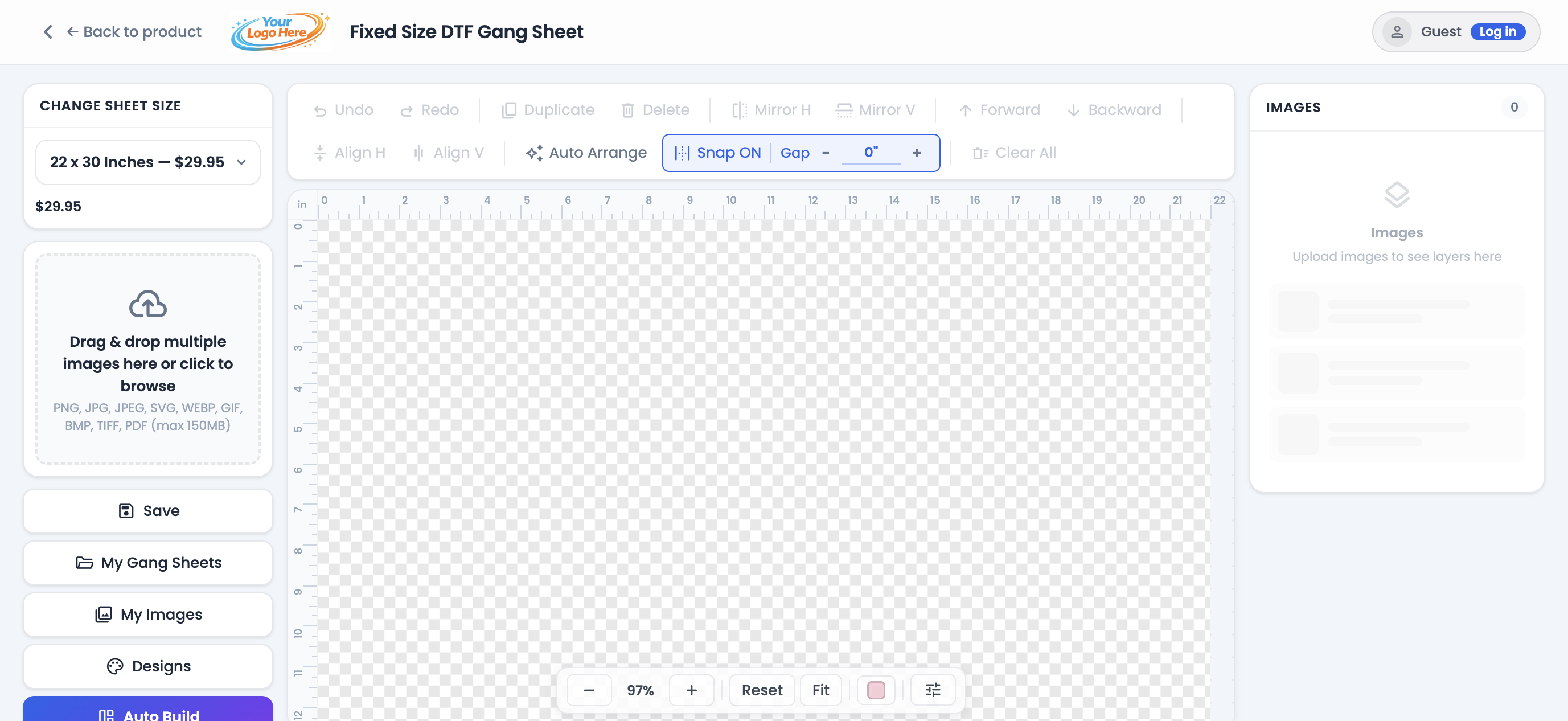 Gangio gang sheet builder with canvas, tools, and image layers