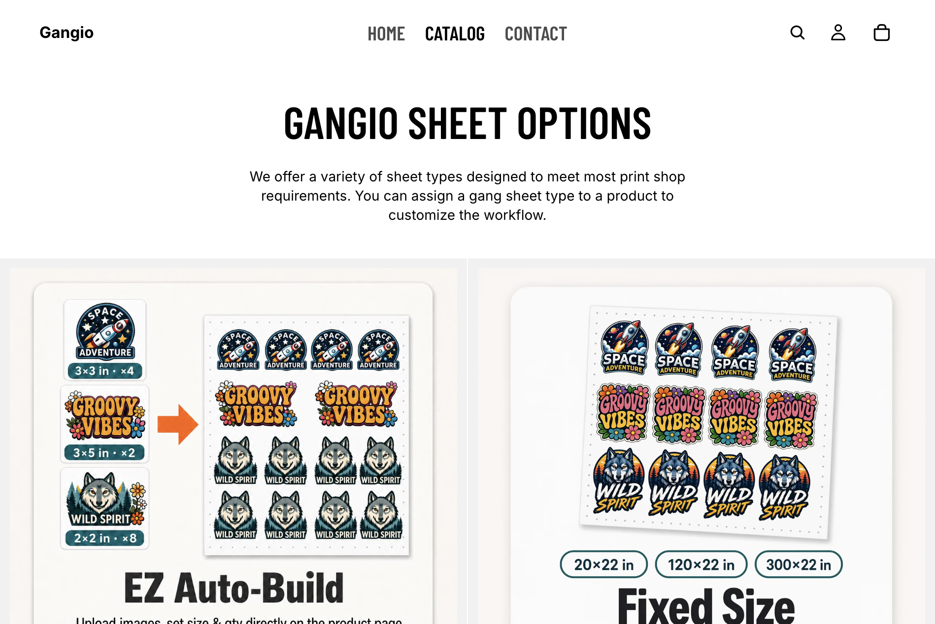 Gangio sheet options including EZ Auto-Build and Fixed Size