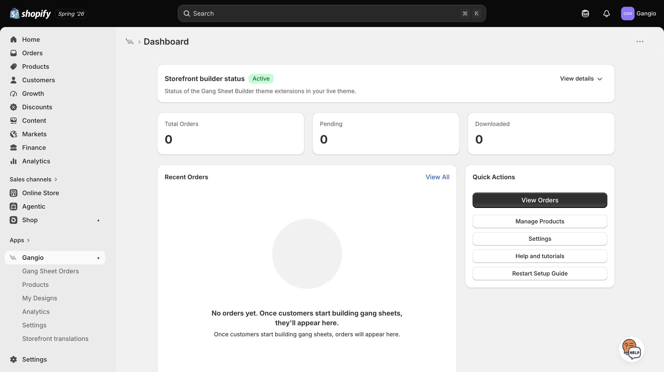 Gangio merchant dashboard showing storefront builder status and orders